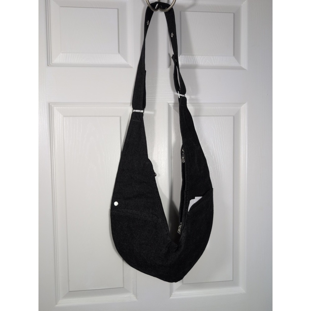 Sash Black Denim Crescent Shoulder Bag Silver Zip Snap Closure Outer Pockets